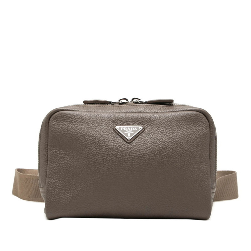 Prada Triangle Logo Plate Body Bag Shoulder Beige Leather Women's PRADA